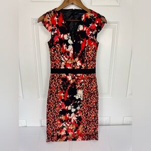 French Connection Size 4 Black Orange Floral Cap Sleeve Sheath Dress‎